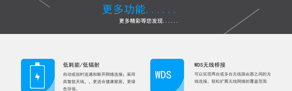 WDS無線橋接,可以實現(xiàn)兩臺或多臺無線路由器之間的無
線連接，輕松擴展無線網(wǎng)絡(luò)的覆蓋范圍.